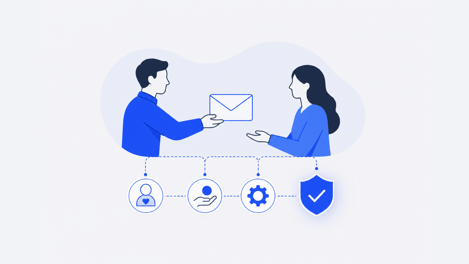 A professional offers a plain envelope to a client beside a connected path that ends at a checkmark shield.